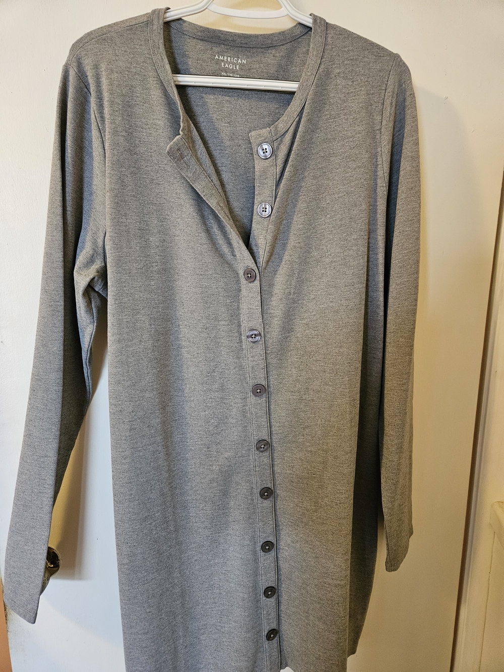 American Eagle Outfitters Grey Long-Sleeve Button-Front Dress